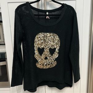Gold Sequin Skull Black Loose Knit Sweater Sz S